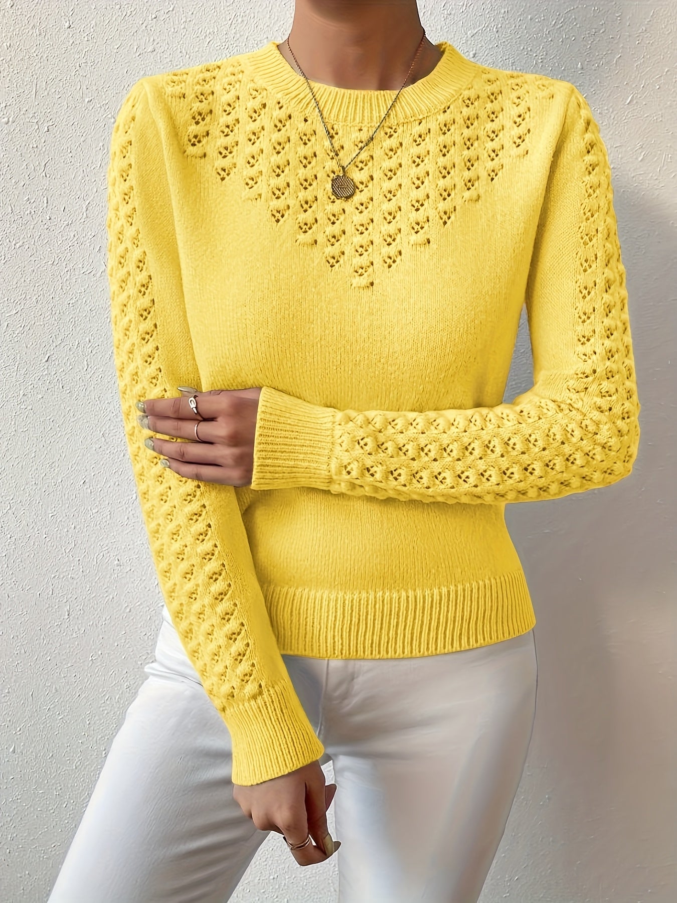 Women's Hollow Knit Cropped Sweater – Lightweight Crew Neck Pullover for Spring, Summer & Fall Casual Wear