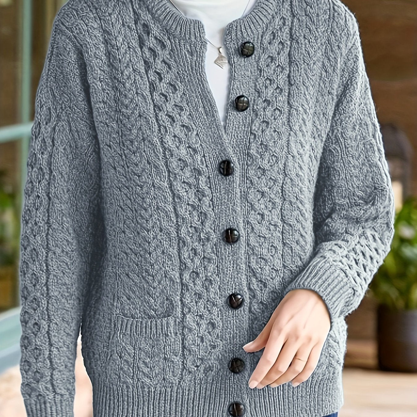 Women's Cable Knit Button Cardigan – Soft Crew Neck Long Sleeve Sweater for Casual Fall & Winter Wear