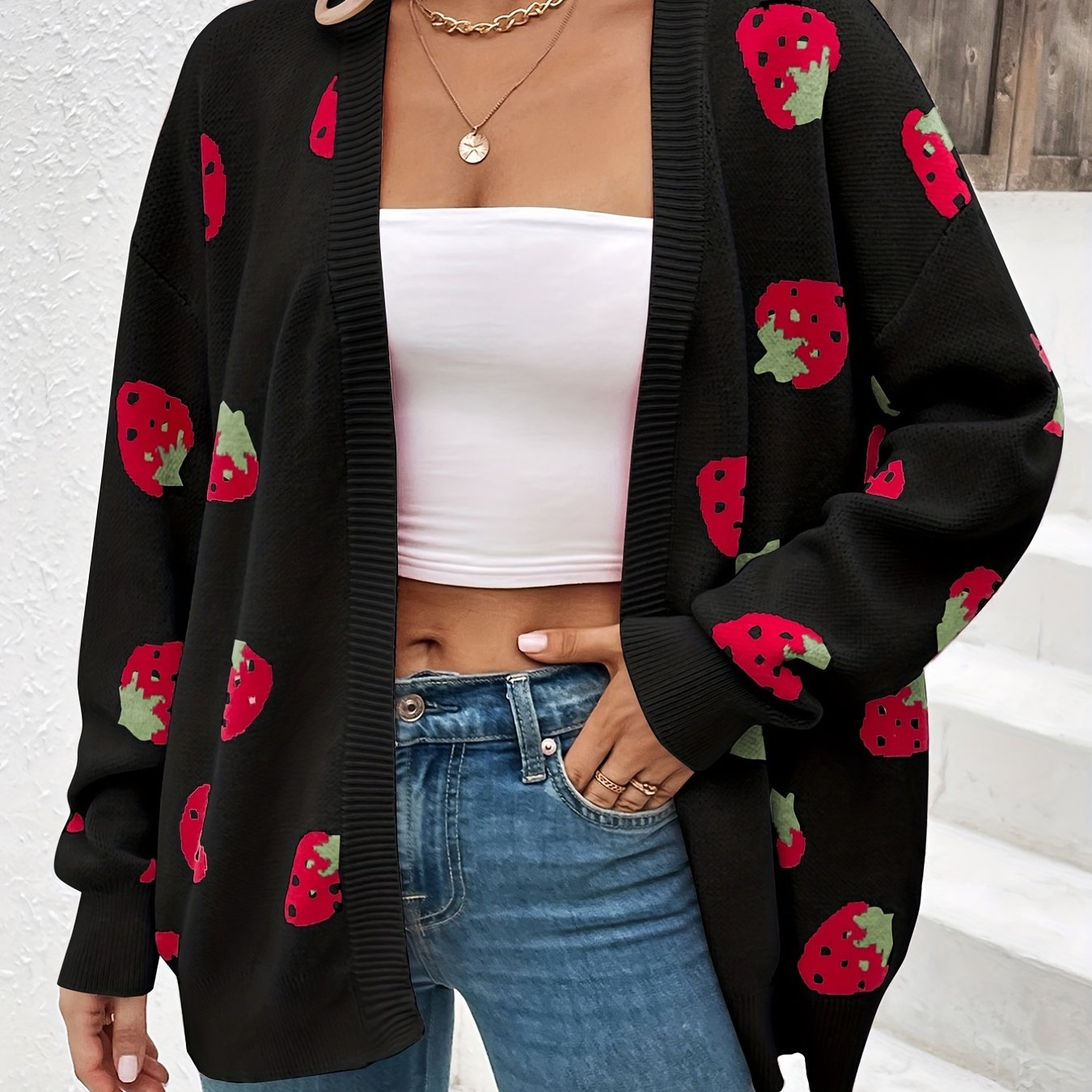 Women's Strawberry Print Open Front Cardigan – Lightweight Long Sleeve Knit Sweater for Casual Spring, Summer & Fall Wear