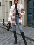 Women's Plaid Teddy Fleece Coat – Button-Up Oversized Shacket with Pockets for Casual Fall & Winter Wear