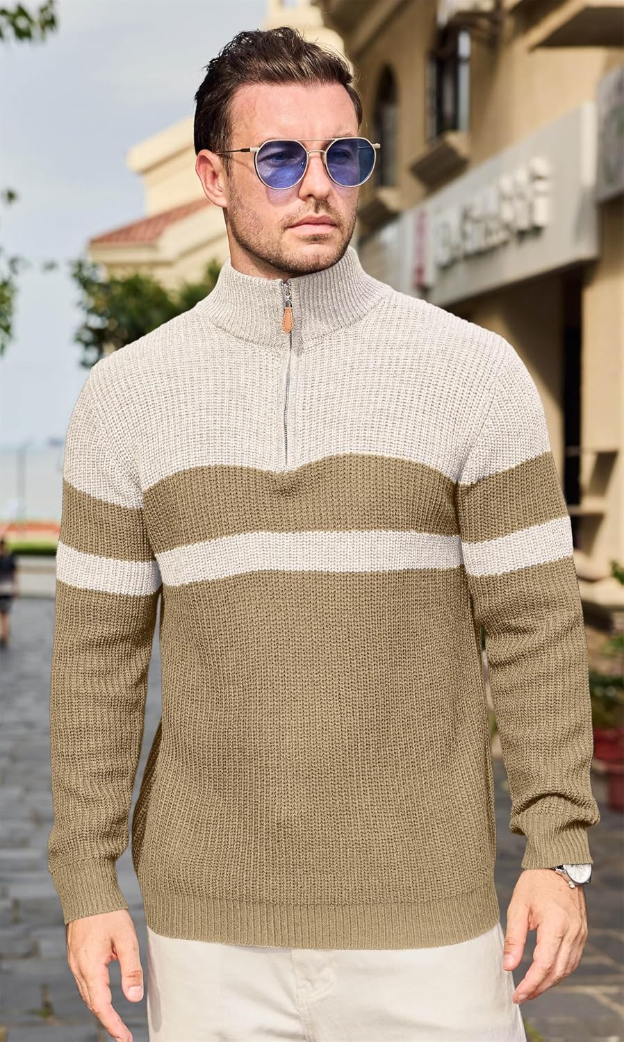 Men's Ribbed Knit Pullover with a Mock Neck and Quarter Zip Color