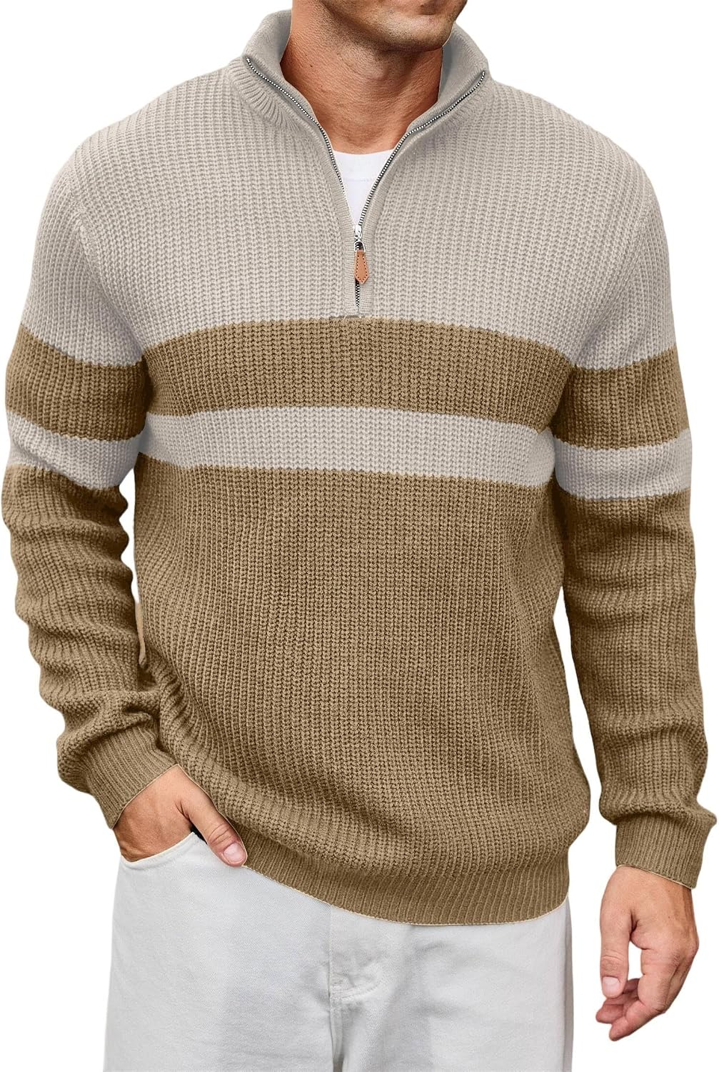 Men's Ribbed Knit Pullover with a Mock Neck and Quarter Zip Color