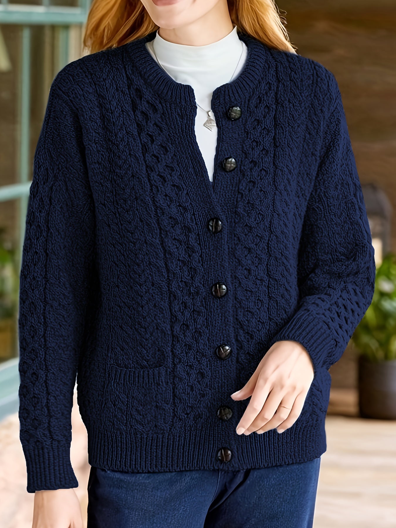 Women's Cable Knit Button Cardigan – Soft Crew Neck Long Sleeve Sweater for Casual Fall & Winter Wear