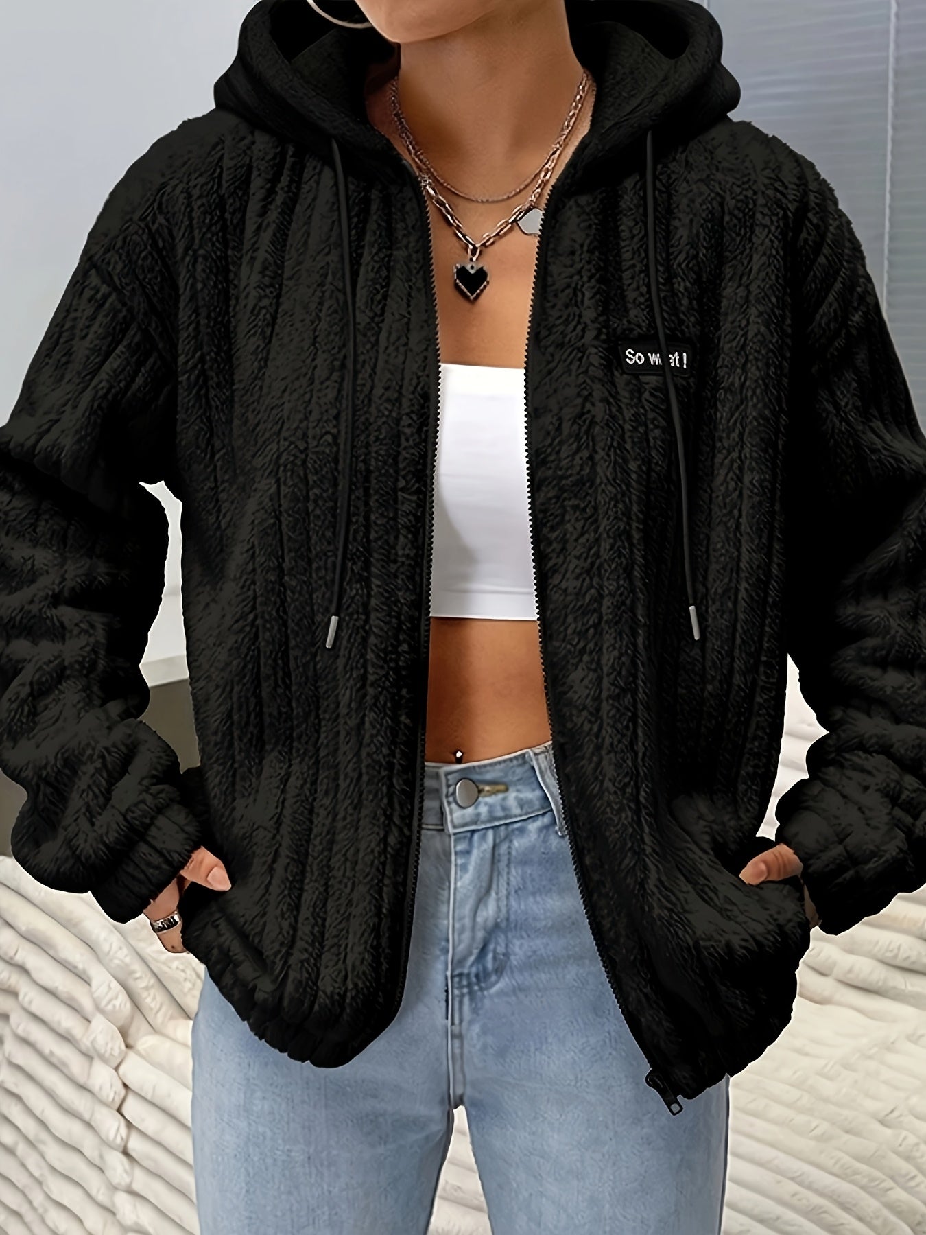 Women's Hooded Teddy Fleece Jacket – Soft Zip-Up Plush Cardigan with Pockets for Fall & Winter Casual Wear