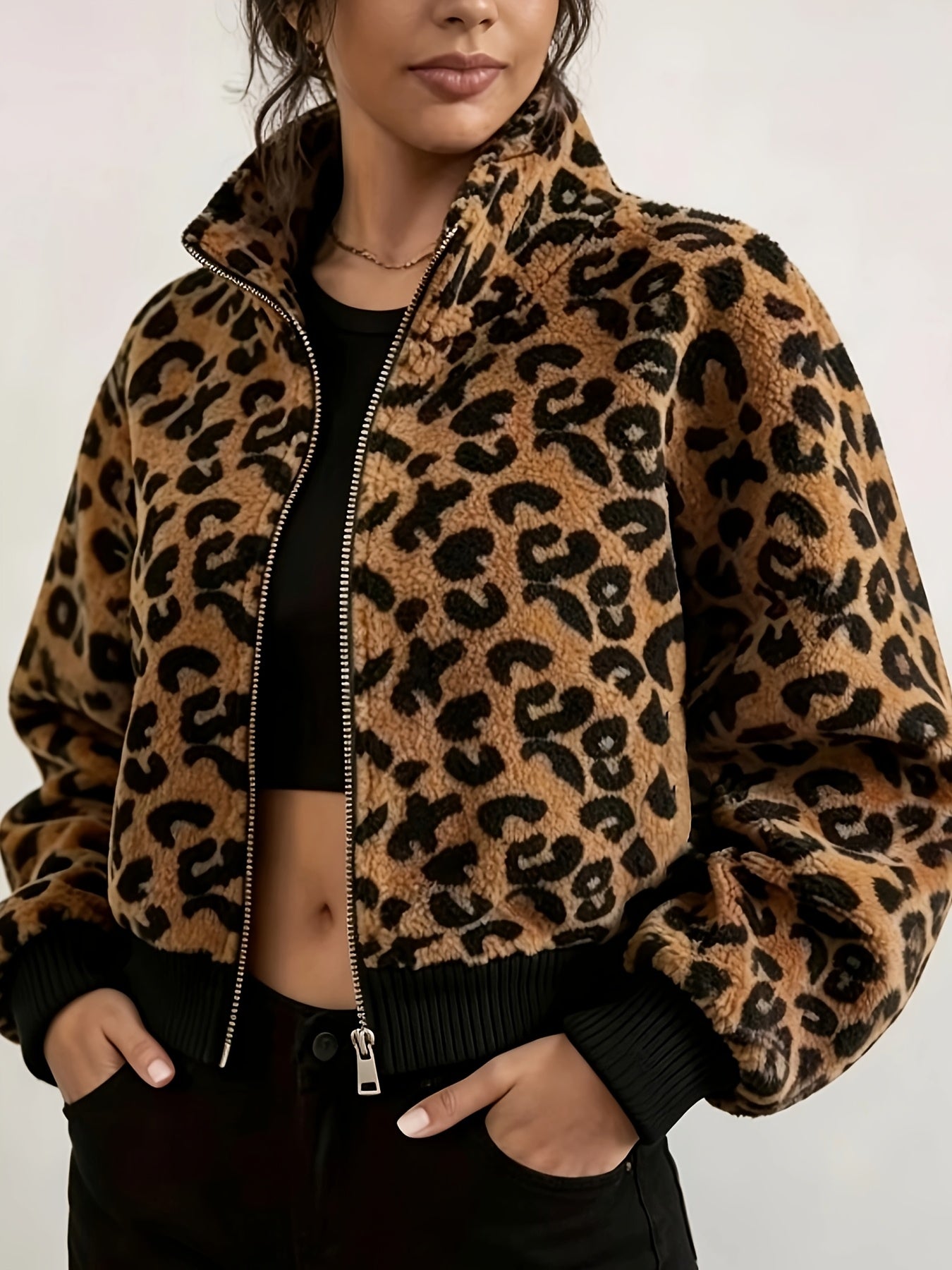 Women's Leopard Print Teddy Fleece Jacket – Soft Plush Zip-Up Coat for Fall & Winter Casual Wear