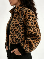 Women's Leopard Print Teddy Fleece Jacket – Soft Plush Zip-Up Coat for Fall & Winter Casual Wear