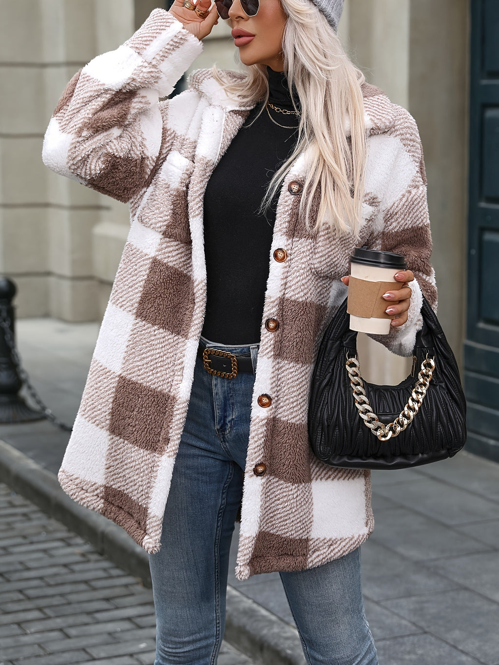 Women's Plaid Teddy Fleece Coat – Button-Up Oversized Shacket with Pockets for Casual Fall & Winter Wear