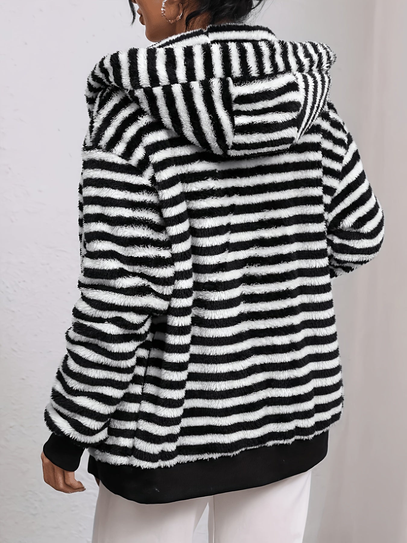 Women's Soft Fleece Zip-Up Jacket with Stripes and a Hood for Casual Fall and Winter Wear