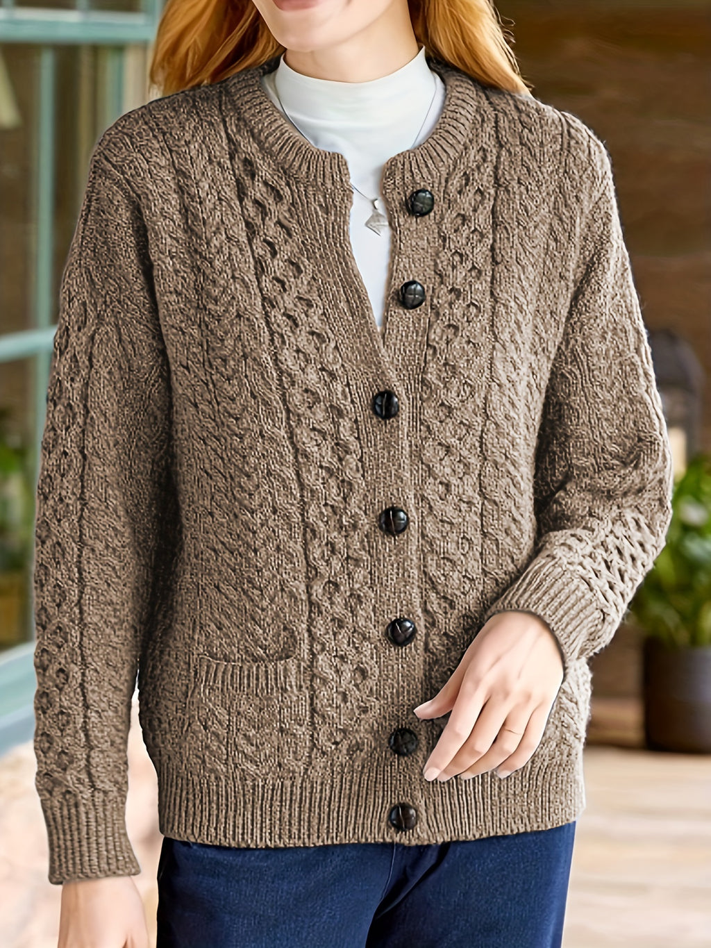 Women's Cable Knit Button Cardigan – Soft Crew Neck Long Sleeve Sweater for Casual Fall & Winter Wear