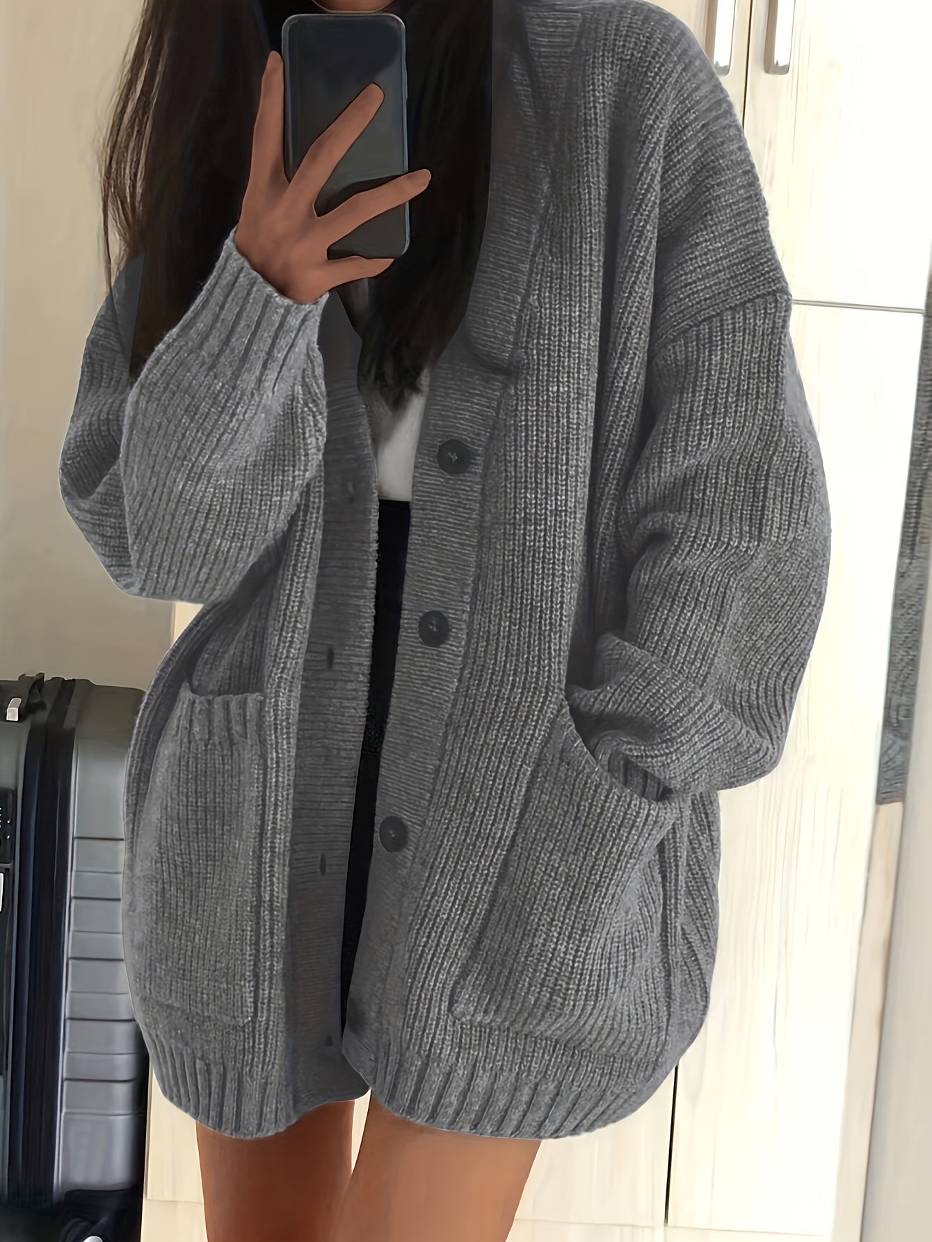Women's Oversized V-Neck Knit Cardigan – Button Front Soft Sweater for Casual Fall & Winter Layering