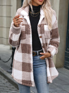 Women's Plaid Teddy Fleece Coat – Button-Up Oversized Shacket with Pockets for Casual Fall & Winter Wear