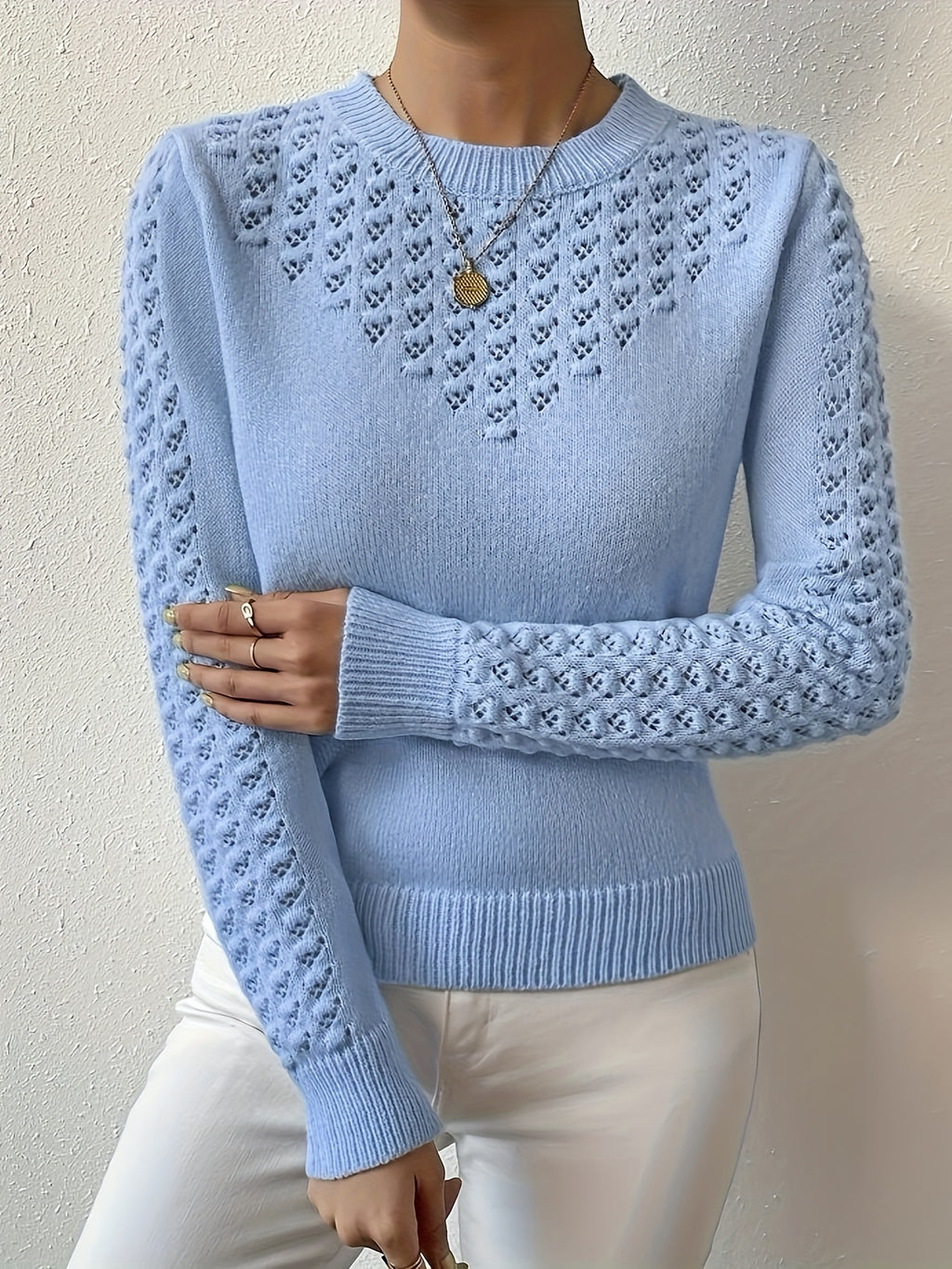 Women's Hollow Knit Cropped Sweater – Lightweight Crew Neck Pullover for Spring, Summer & Fall Casual Wear
