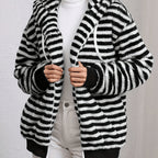 Women's Soft Fleece Zip-Up Jacket with Stripes and a Hood for Casual Fall and Winter Wear