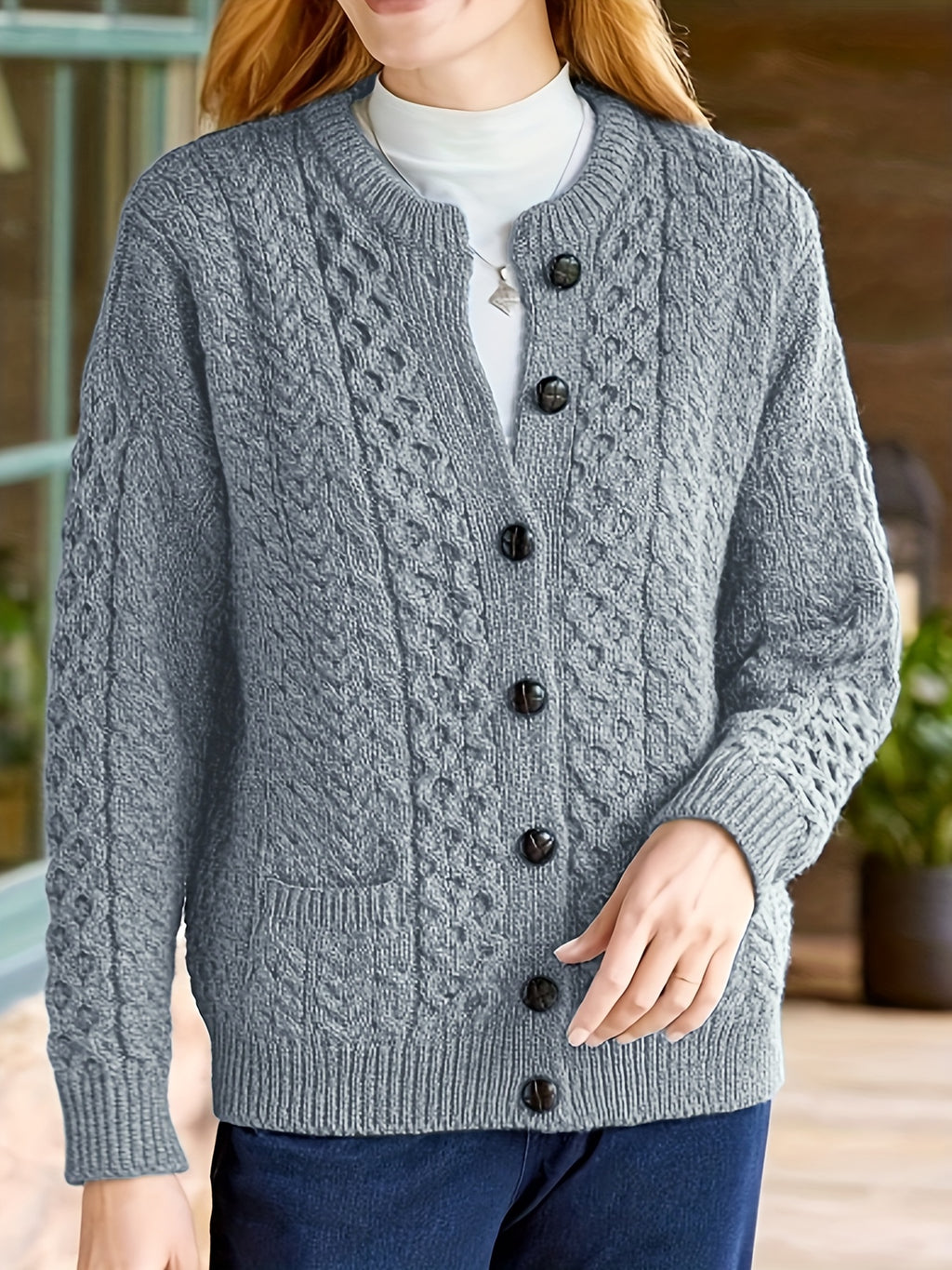 Women's Cable Knit Button Cardigan – Soft Crew Neck Long Sleeve Sweater for Casual Fall & Winter Wear