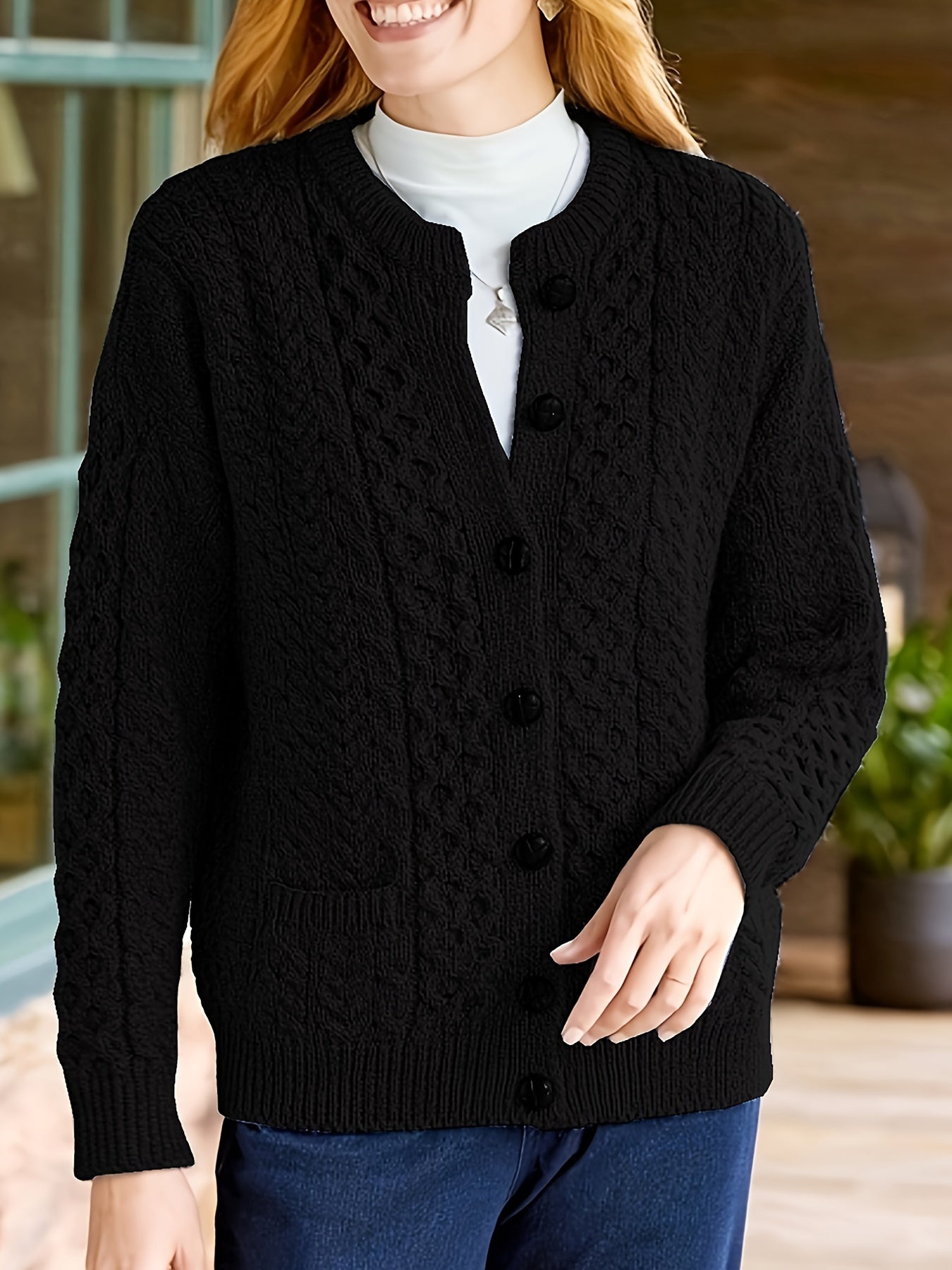 Women's Cable Knit Button Cardigan – Soft Crew Neck Long Sleeve Sweater for Casual Fall & Winter Wear