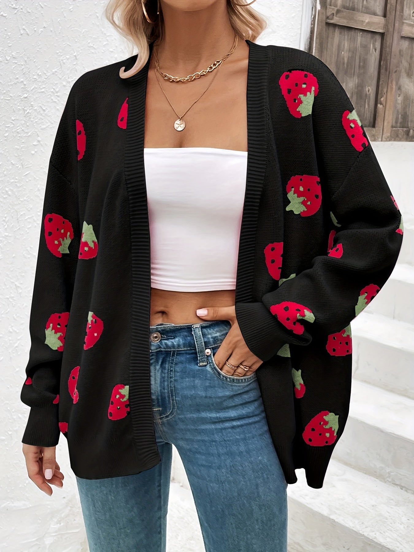 Women's Strawberry Print Open Front Cardigan – Lightweight Long Sleeve Knit Sweater for Casual Spring, Summer & Fall Wear