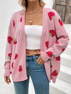 Women's Strawberry Print Open Front Cardigan – Lightweight Long Sleeve Knit Sweater for Casual Spring, Summer & Fall Wear