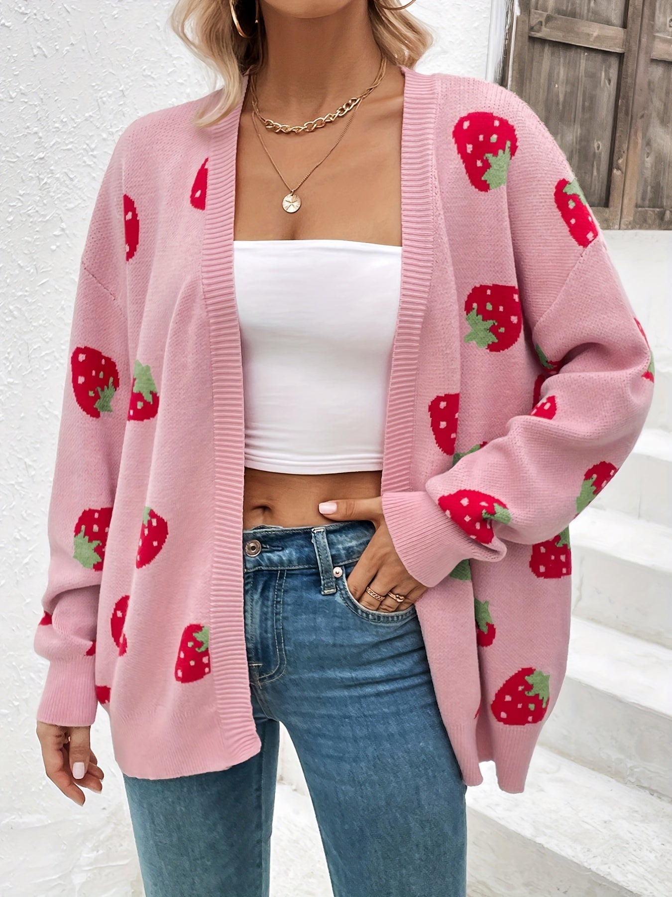 Women's Strawberry Print Open Front Cardigan – Lightweight Long Sleeve Knit Sweater for Casual Spring, Summer & Fall Wear