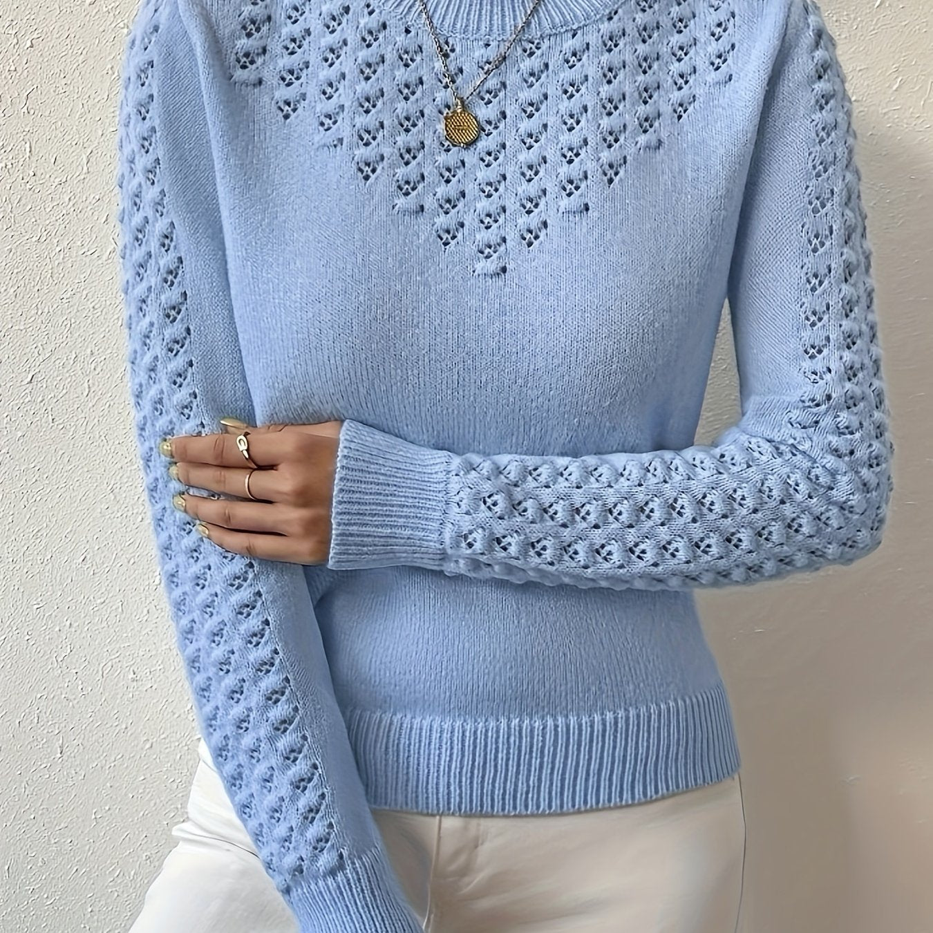 Women's Hollow Knit Cropped Sweater – Lightweight Crew Neck Pullover for Spring, Summer & Fall Casual Wear