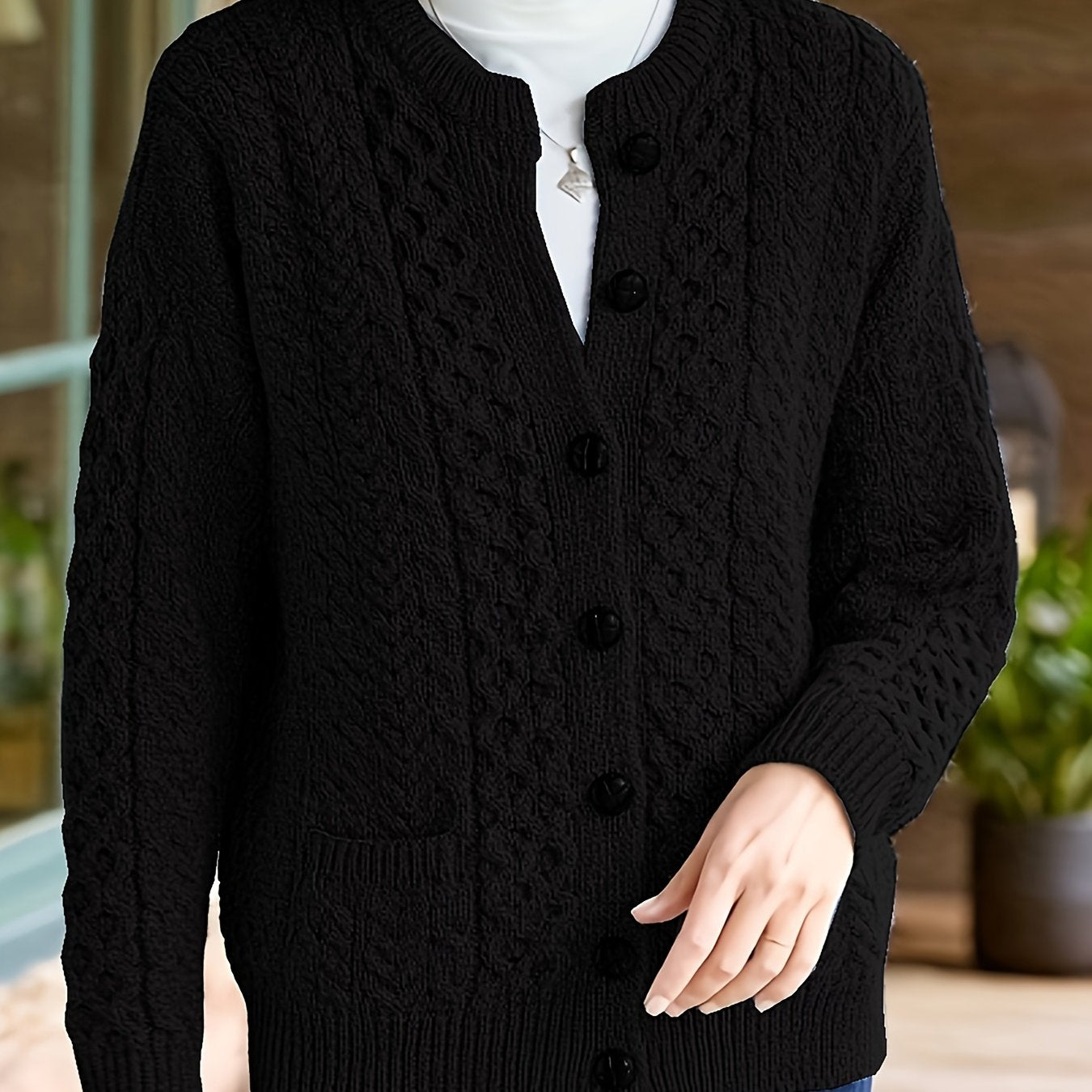 Women's Cable Knit Button Cardigan – Soft Crew Neck Long Sleeve Sweater for Casual Fall & Winter Wear