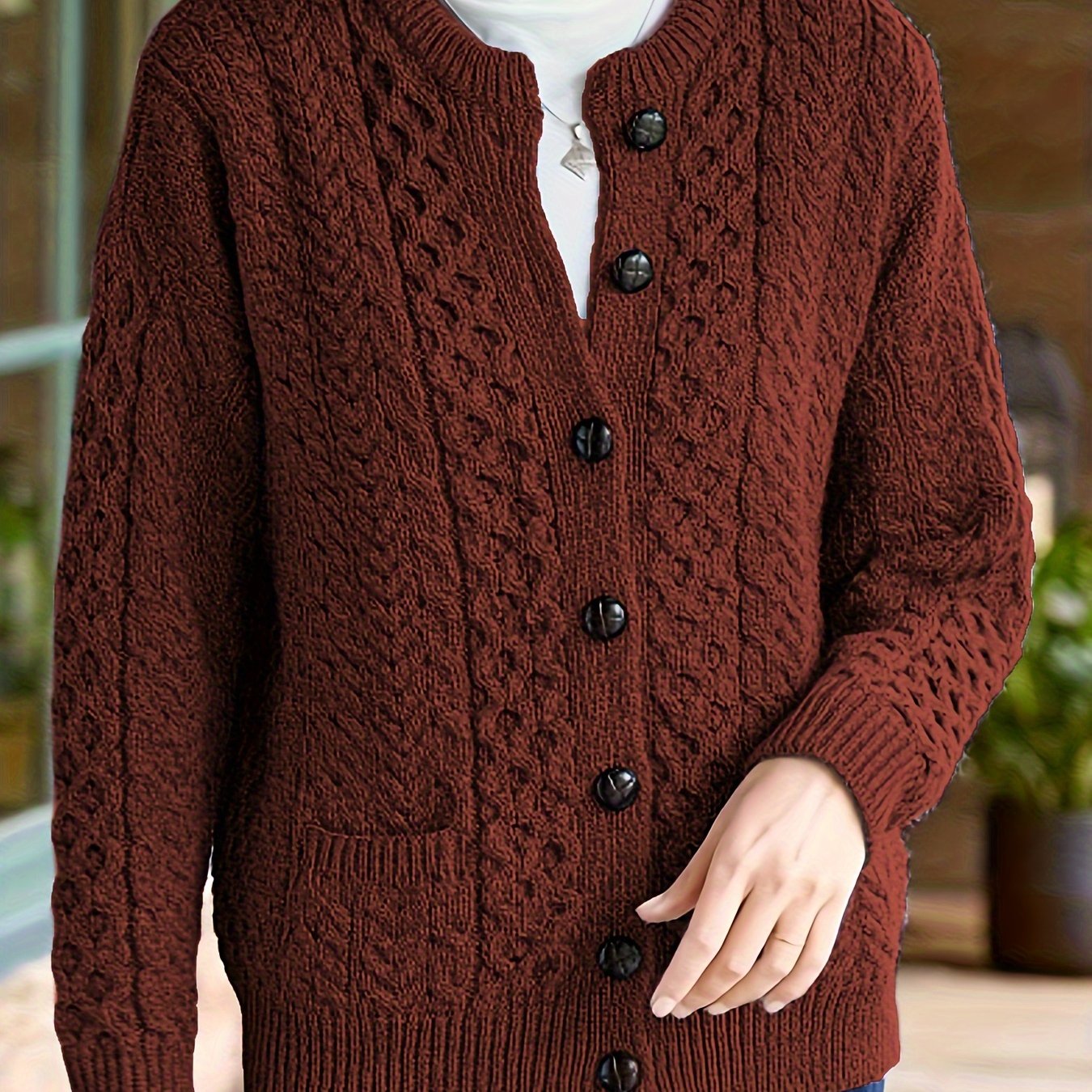 Women's Cable Knit Button Cardigan – Soft Crew Neck Long Sleeve Sweater for Casual Fall & Winter Wear