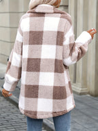 Women's Plaid Teddy Fleece Coat – Button-Up Oversized Shacket with Pockets for Casual Fall & Winter Wear