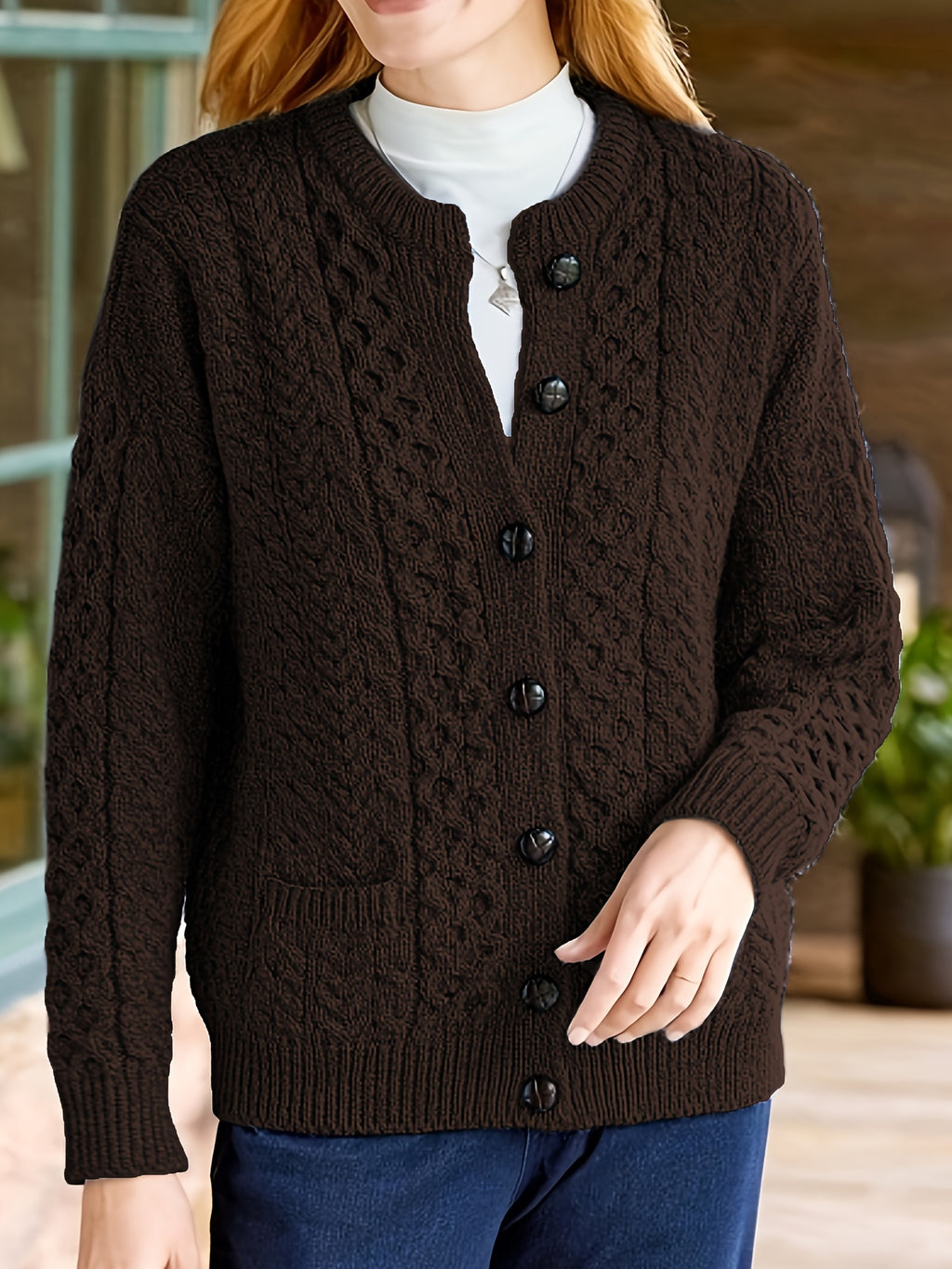 Women's Cable Knit Button Cardigan – Soft Crew Neck Long Sleeve Sweater for Casual Fall & Winter Wear