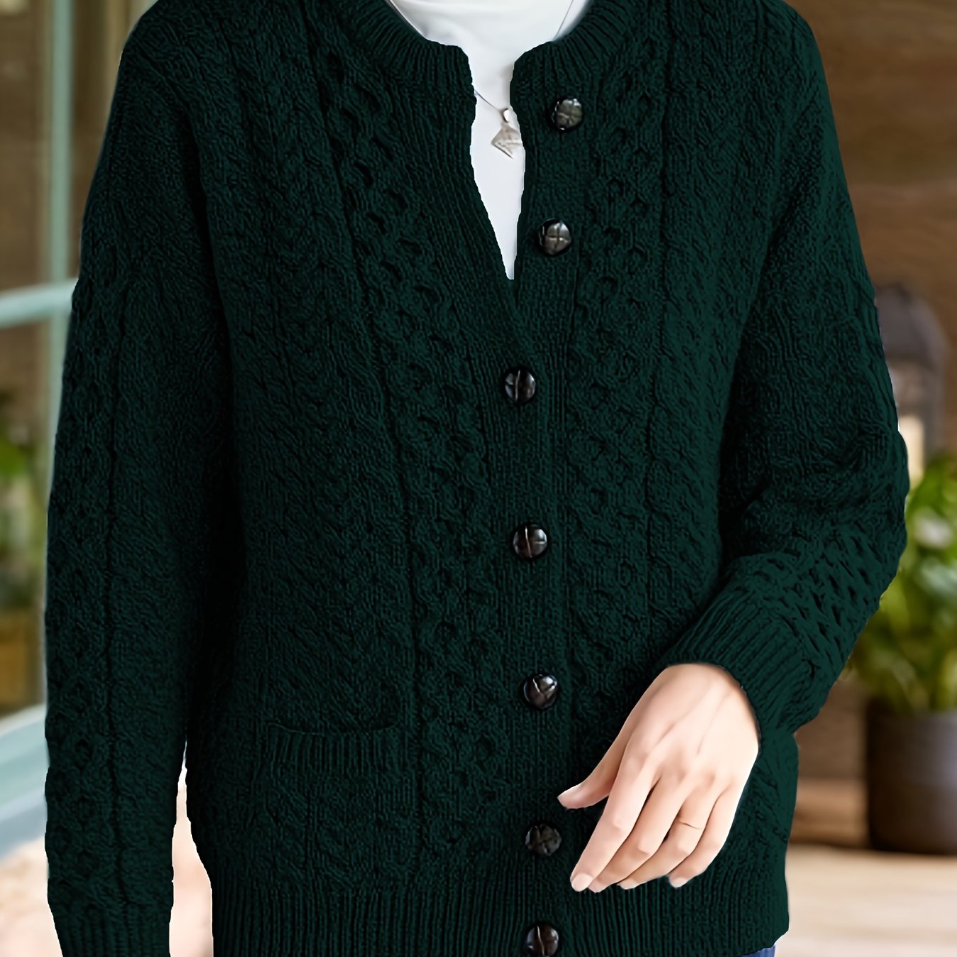 Women's Cable Knit Button Cardigan – Soft Crew Neck Long Sleeve Sweater for Casual Fall & Winter Wear