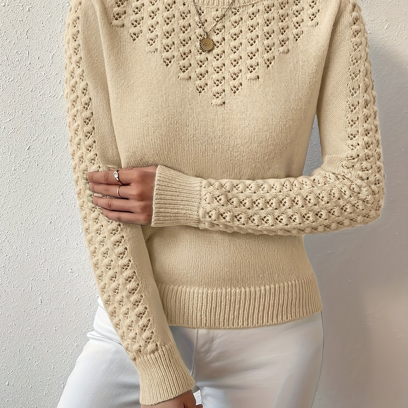 Women's Hollow Knit Cropped Sweater – Lightweight Crew Neck Pullover for Spring, Summer & Fall Casual Wear